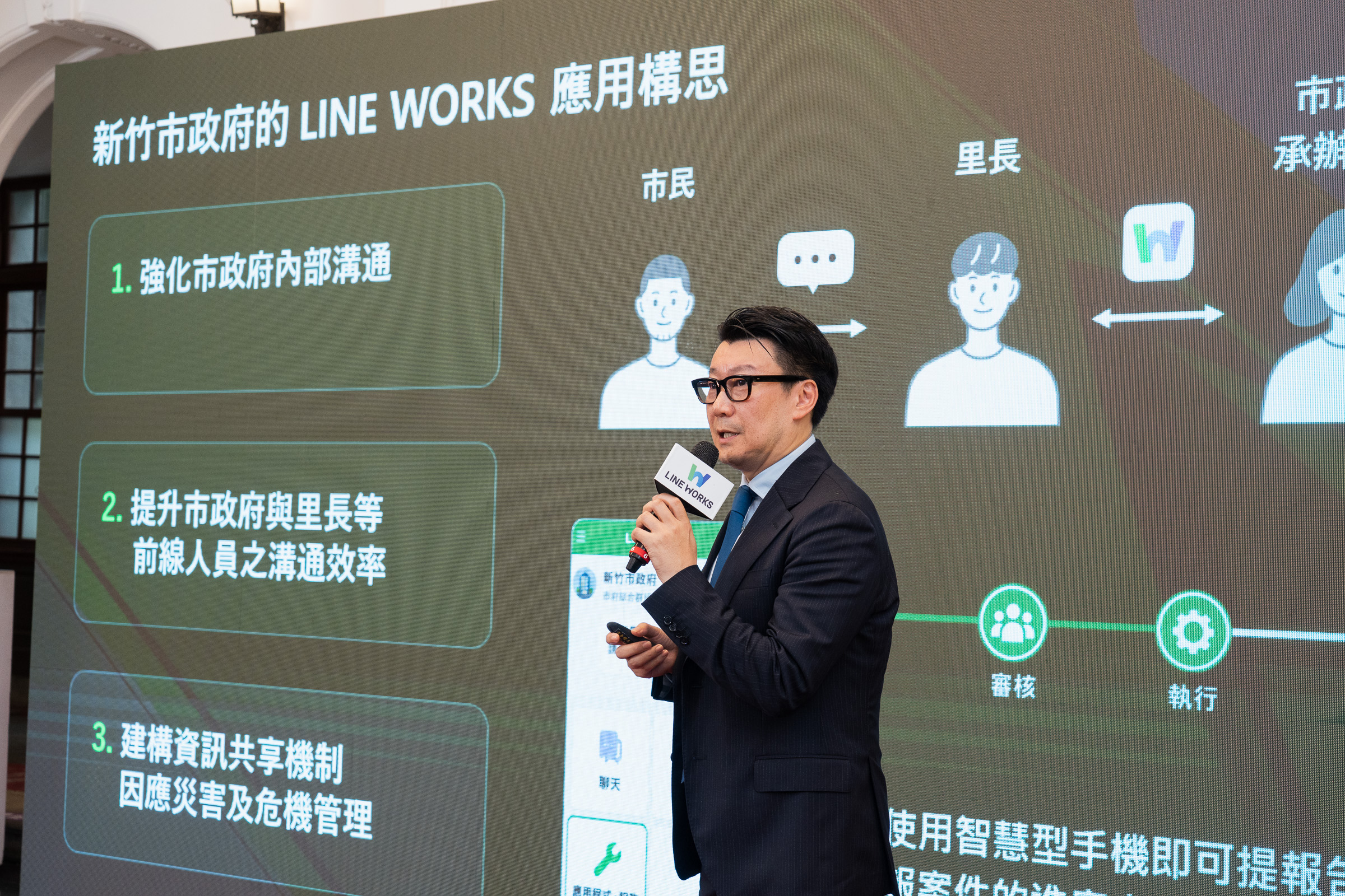 ▲ LINE WORKS 總經理島岡岳史於現場簡報,說明新竹市政府的 LINE WORKS 應用構想。